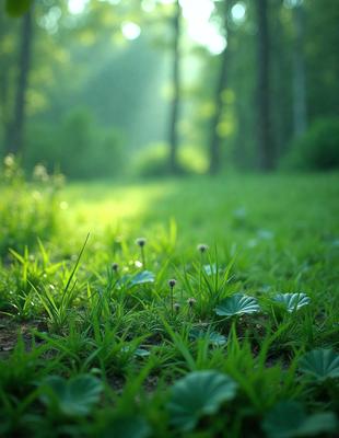 The primary subject of the image is a grassy field with a few flowers scattered throughout. The setting is a forest, with trees visible in the background. The visual style is a photo, capturing the natural beauty of the forest and the grassy field. The colors are predominantly green, with the flowers adding pops of color. The overall atmosphere is serene and peaceful, showcasing the beauty of nature.